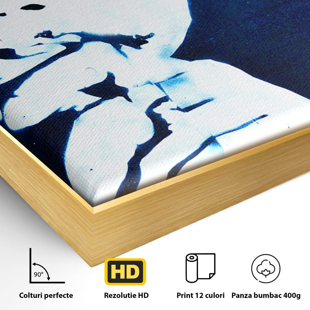 Detaliu al suprafetei: tablou canvas cu portretul stilizat al lui bob marley, in rama de aluminiu auriu